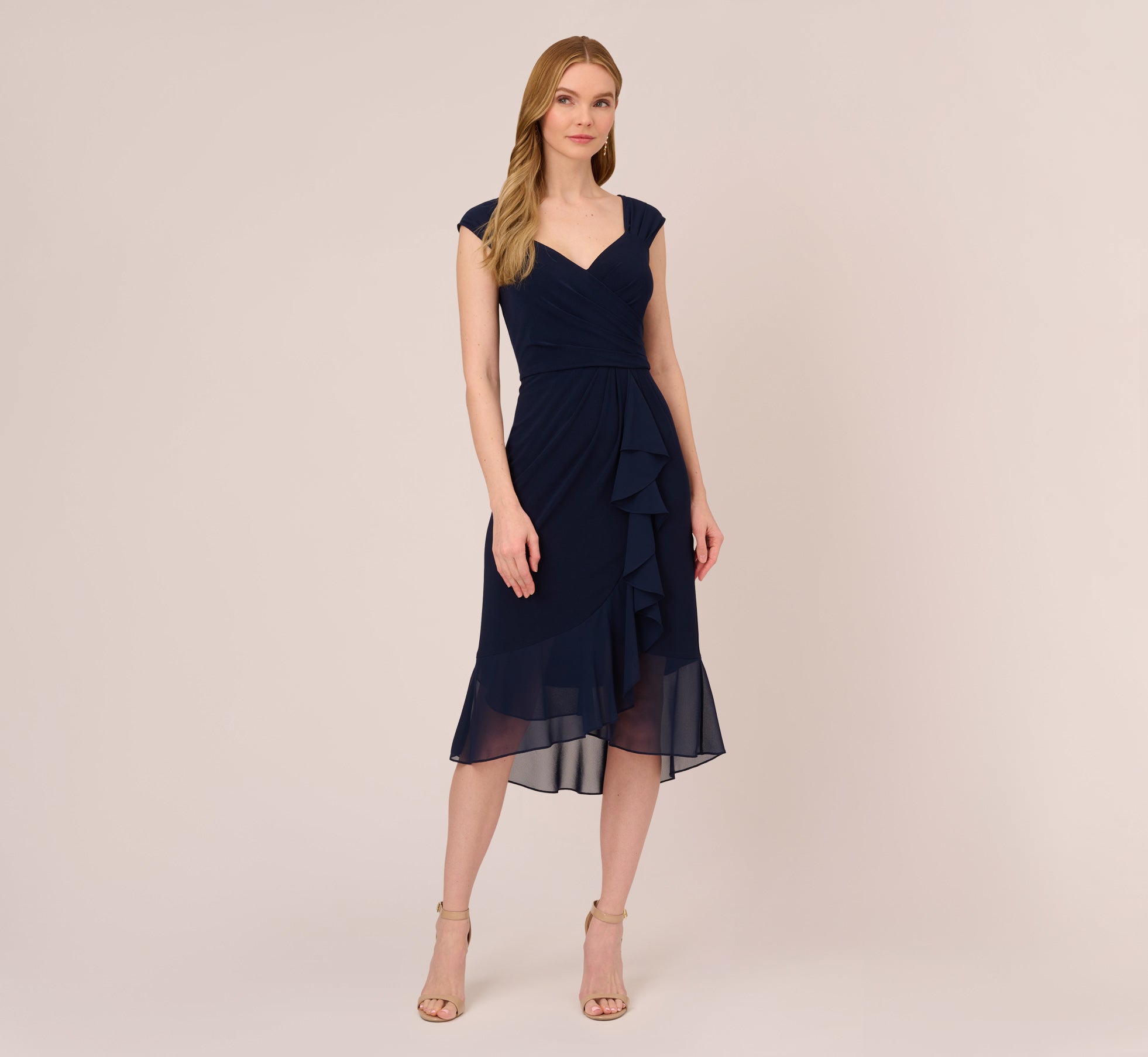 Chiffon And Jersey Flounce Draped Dress With Pleated Details In