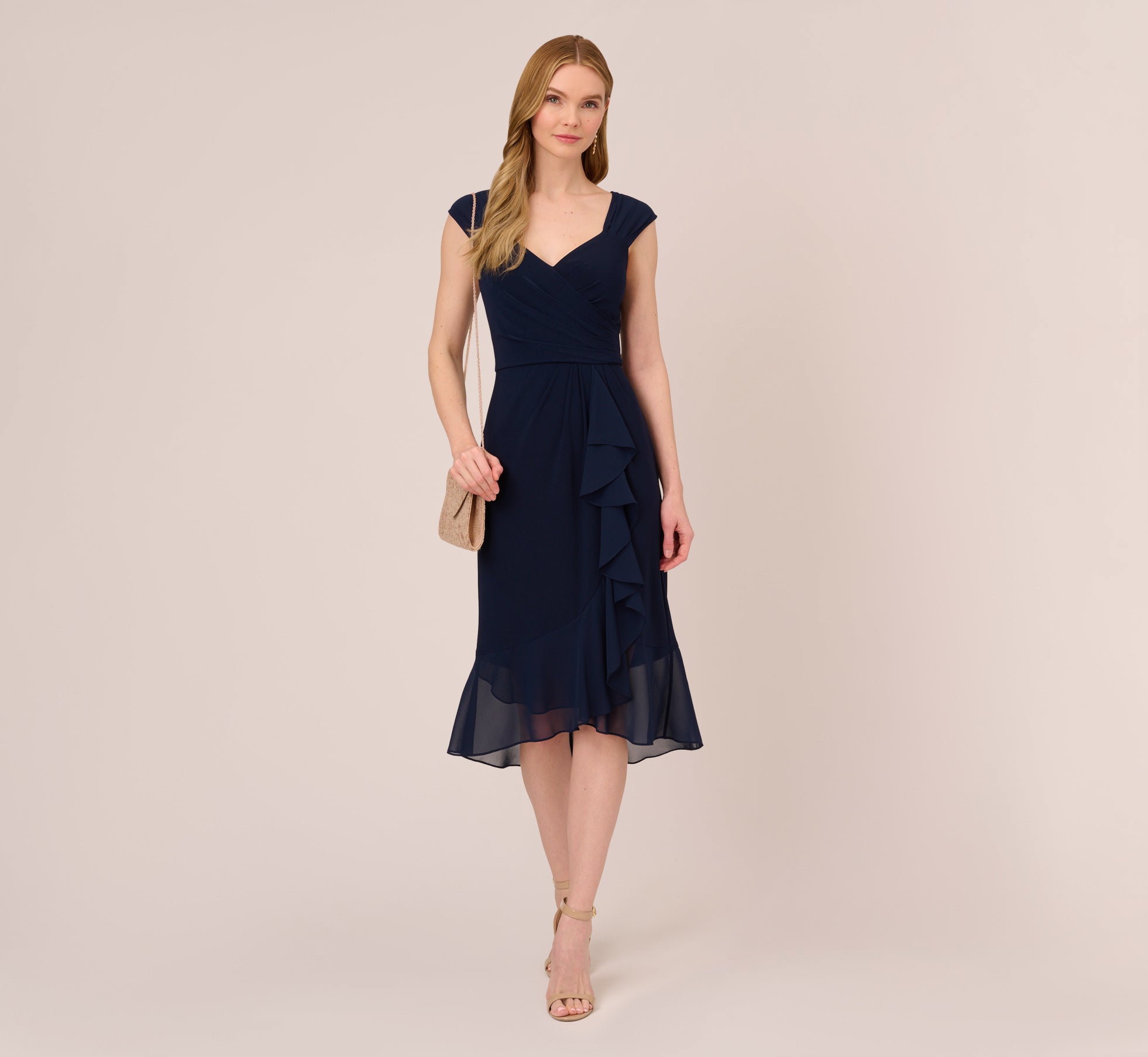 Chiffon And Jersey Flounce Draped Dress With Pleated Details In