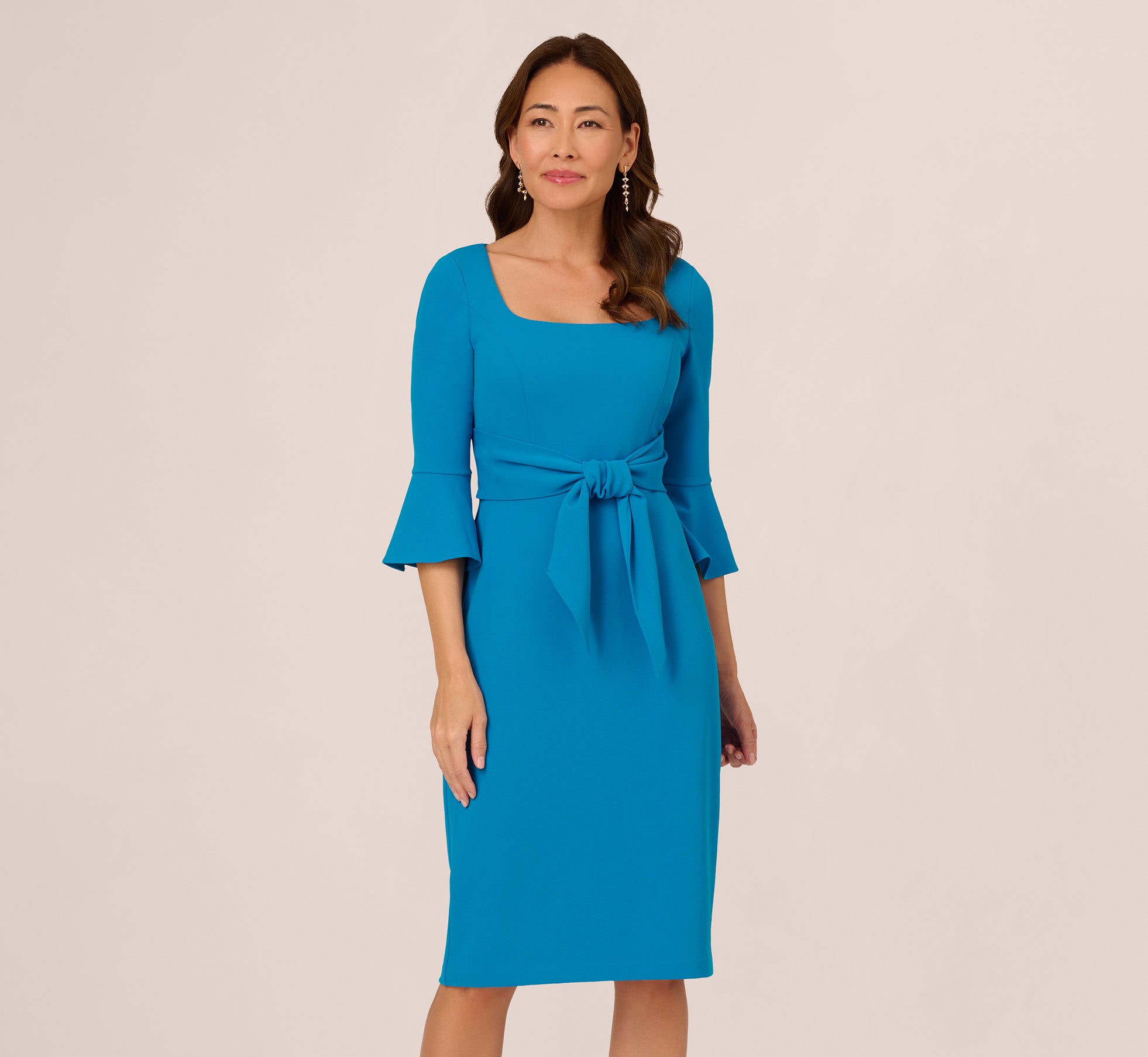 Stretch Knit Crepe Tie-Front Midi-Length Sheath Dress In Deep Cerulean 1