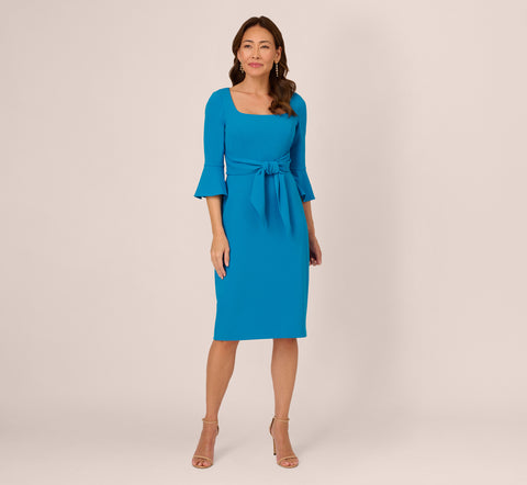 Stretch Knit Crepe Tie-Front Midi-Length Sheath Dress In Deep Cerulean