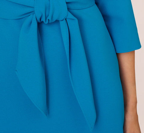 Stretch Knit Crepe Tie-Front Midi-Length Sheath Dress In Deep Cerulean