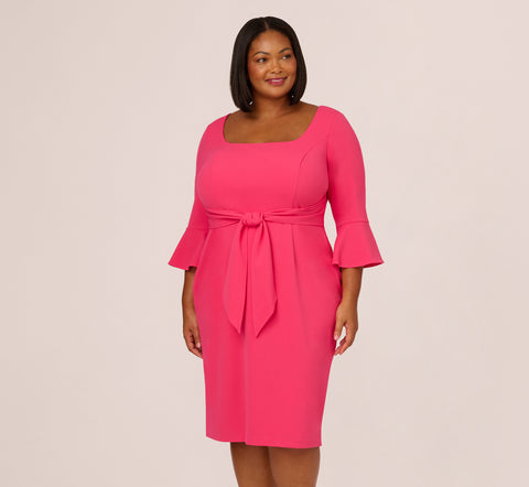 Plus Size Stretch Knit Crepe Tie-Front Midi-Length Sheath Dress In Camellia