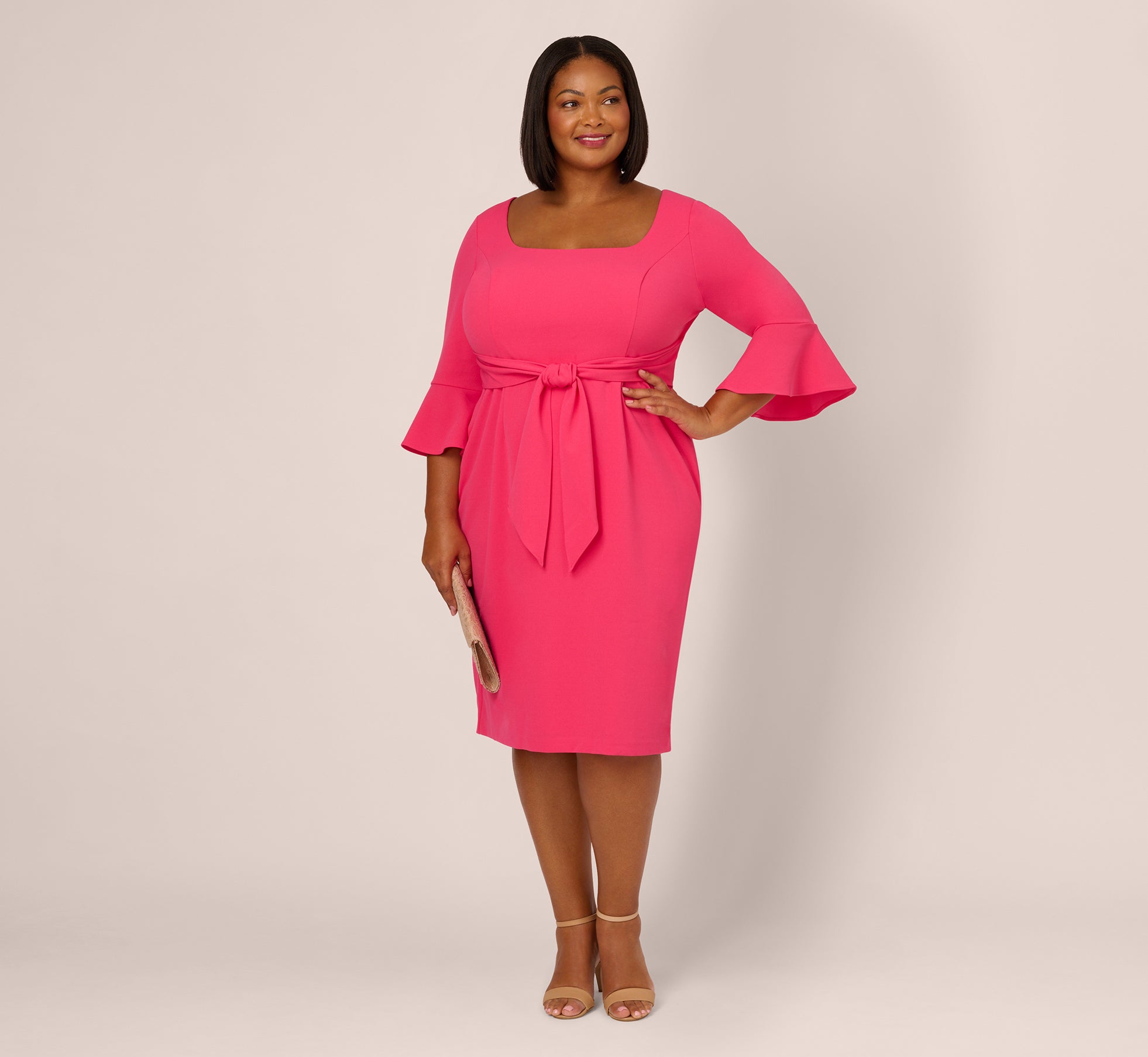 Plus Size Stretch Knit Crepe Tie-Front Midi-Length Sheath Dress In