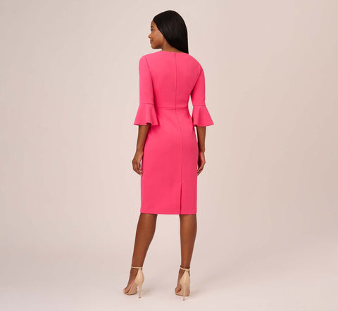 Stretch Knit Crepe Tie-Front Midi-Length Sheath Dress In Camellia