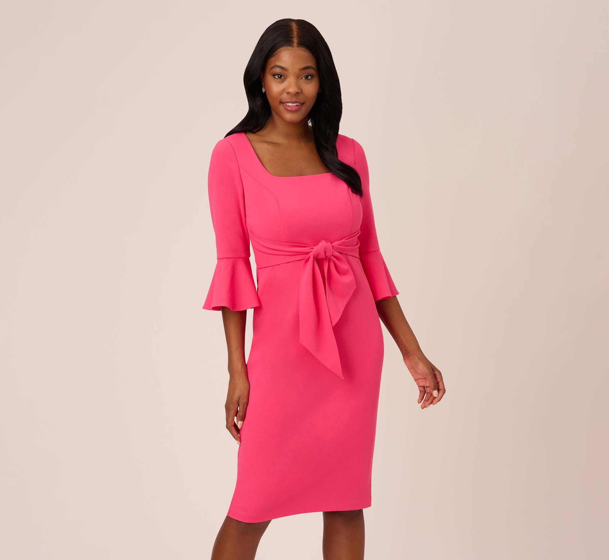 Stretch Knit Crepe Tie Front Midi Length Sheath Dress In Camellia