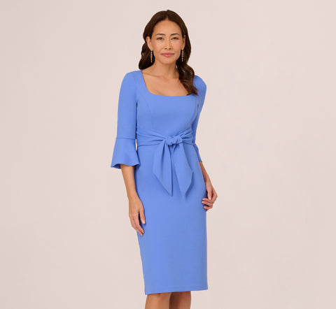 Stretch Knit Crepe Tie Front Midi Length Sheath Dress In Precious Peri Adrianna Papell