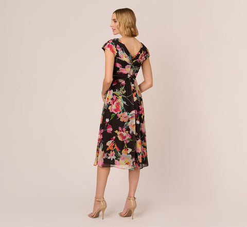 Floral Print Midi Dress With Twist Neckline In Black Multi