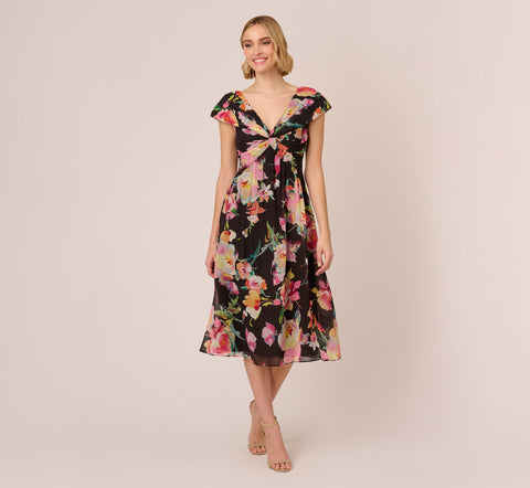 Floral Print Midi Dress With Twist Neckline In Black Multi