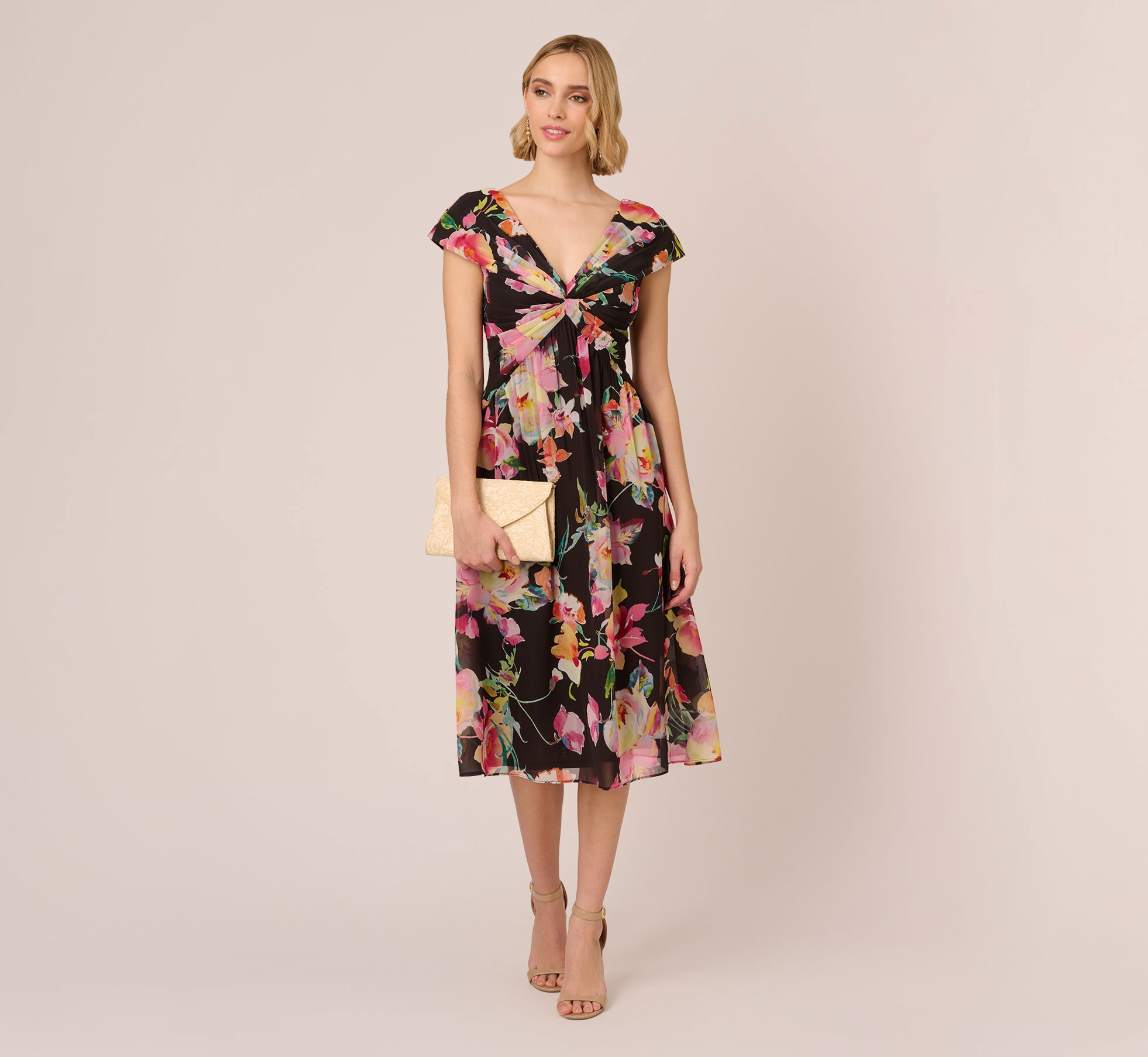 Floral Print Midi Dress With Twist Neckline In Black Multi 1