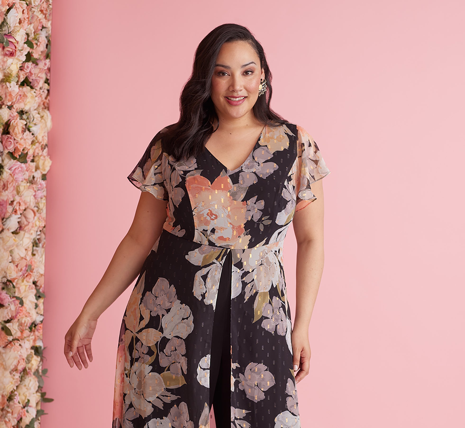 Plus Size Floral Print Chiffon And Jersey Cropped Jumpsuit In