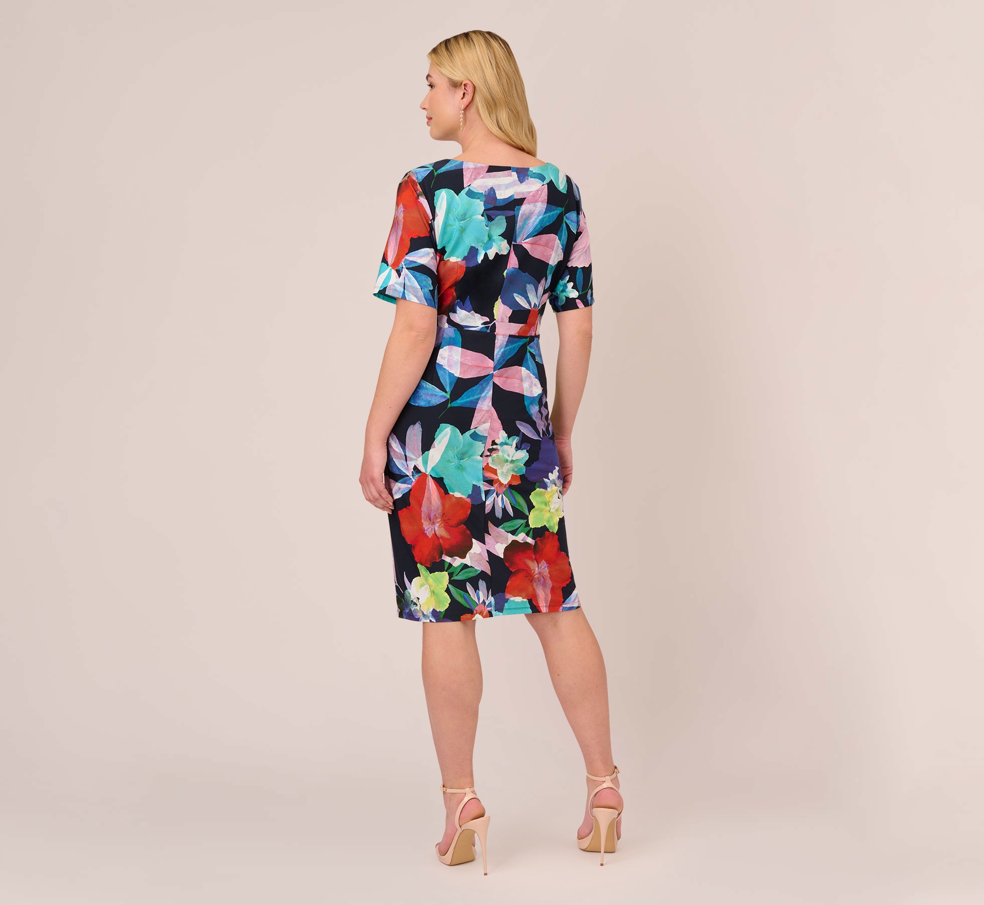 Plus Size Floral Knotted Sheath Dress With Elbow Length Sleeves In