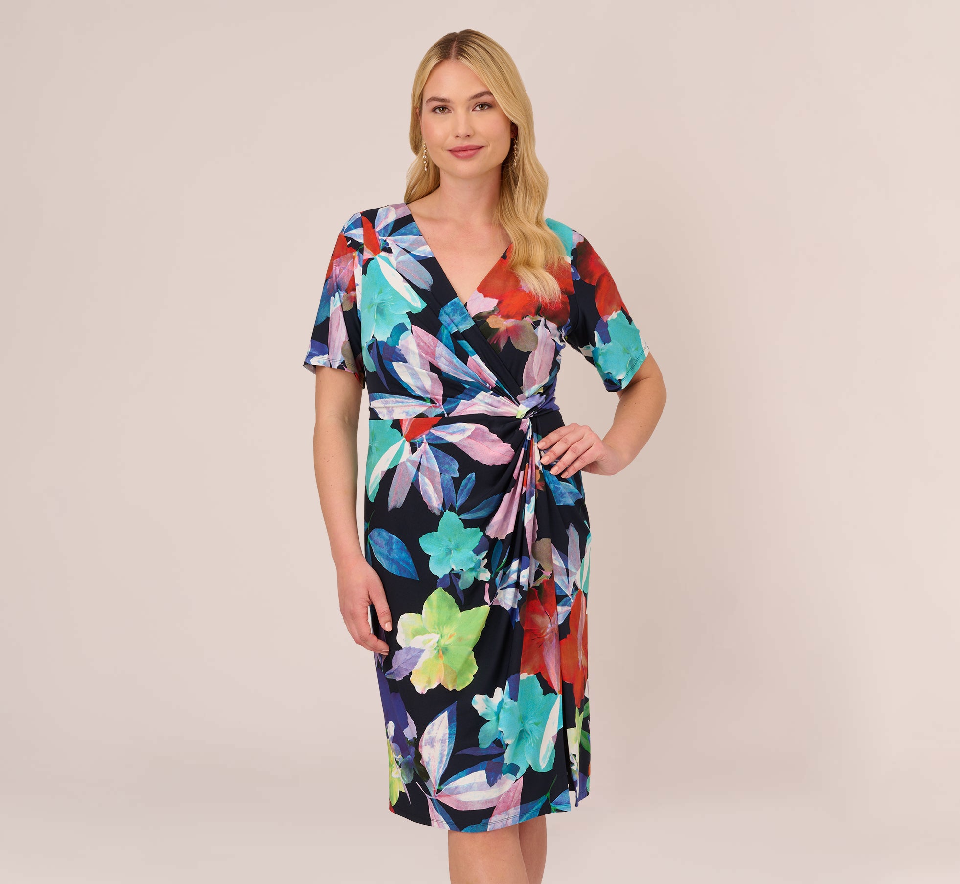 Plus Size Floral Knotted Sheath Dress With Elbow Length Sleeves In