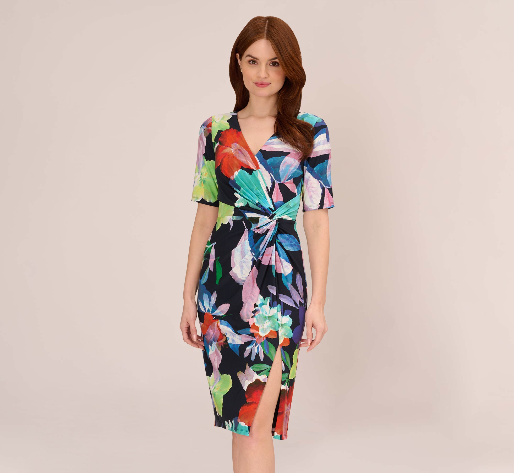 Floral Knotted Sheath Dress With Elbow-Length Sleeves In Dark Navy