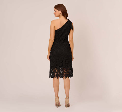 One Shoulder Lace Sheath Dress With Bow Accent In Black