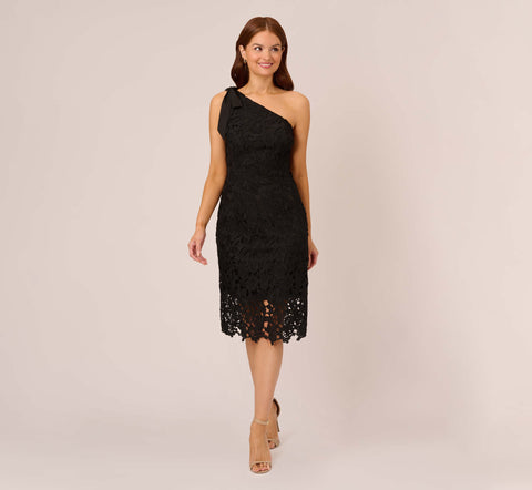 One Shoulder Lace Sheath Dress With Bow Accent In Black