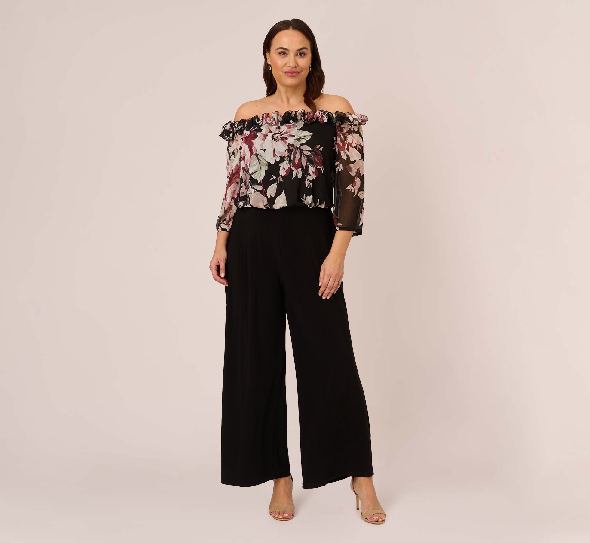 Plus Size Off The Shoulder Jumpsuit With Floral Embroidered Bodice