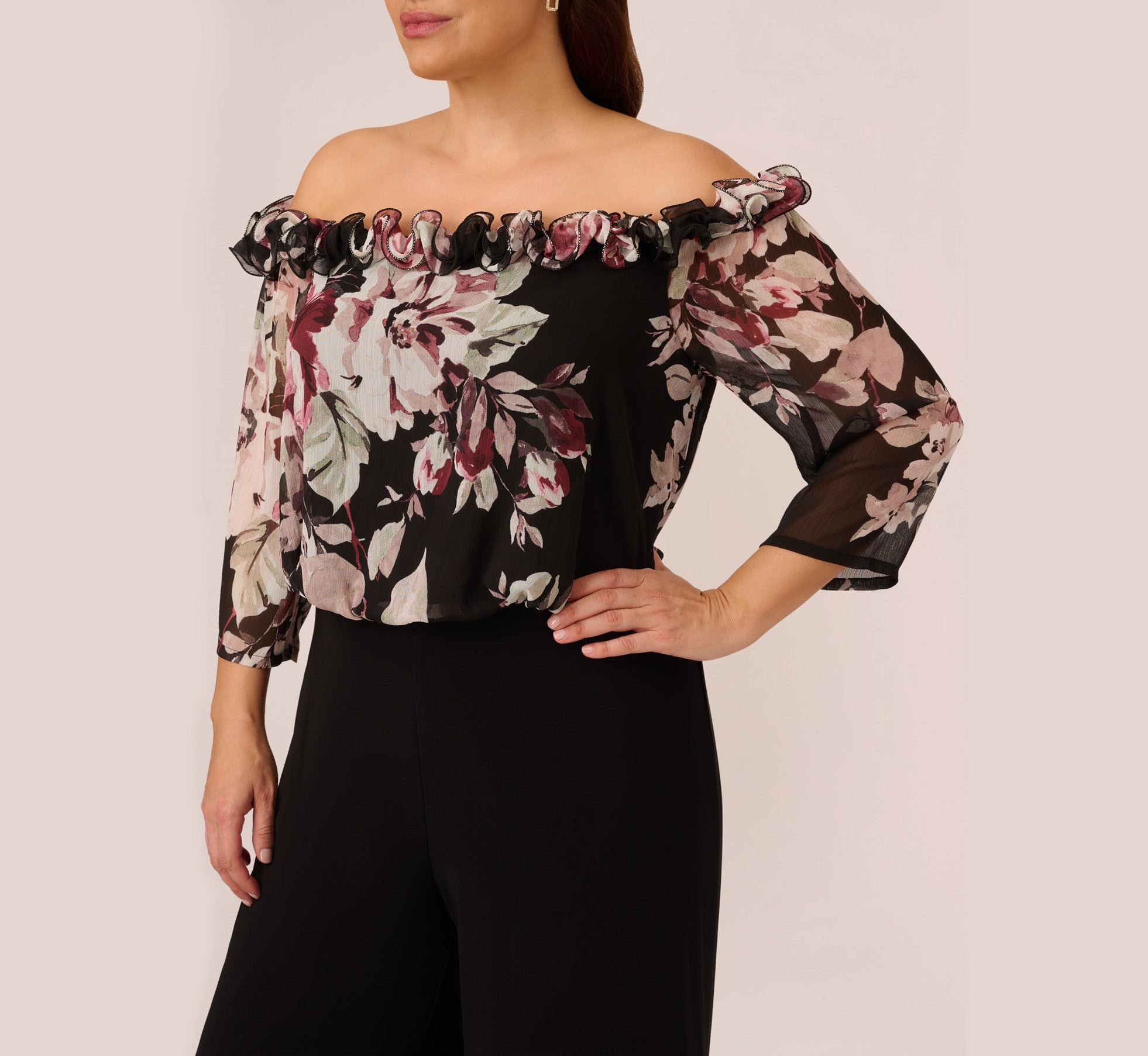 Plus Size Off The Shoulder Jumpsuit With Floral Embroidered Bodice