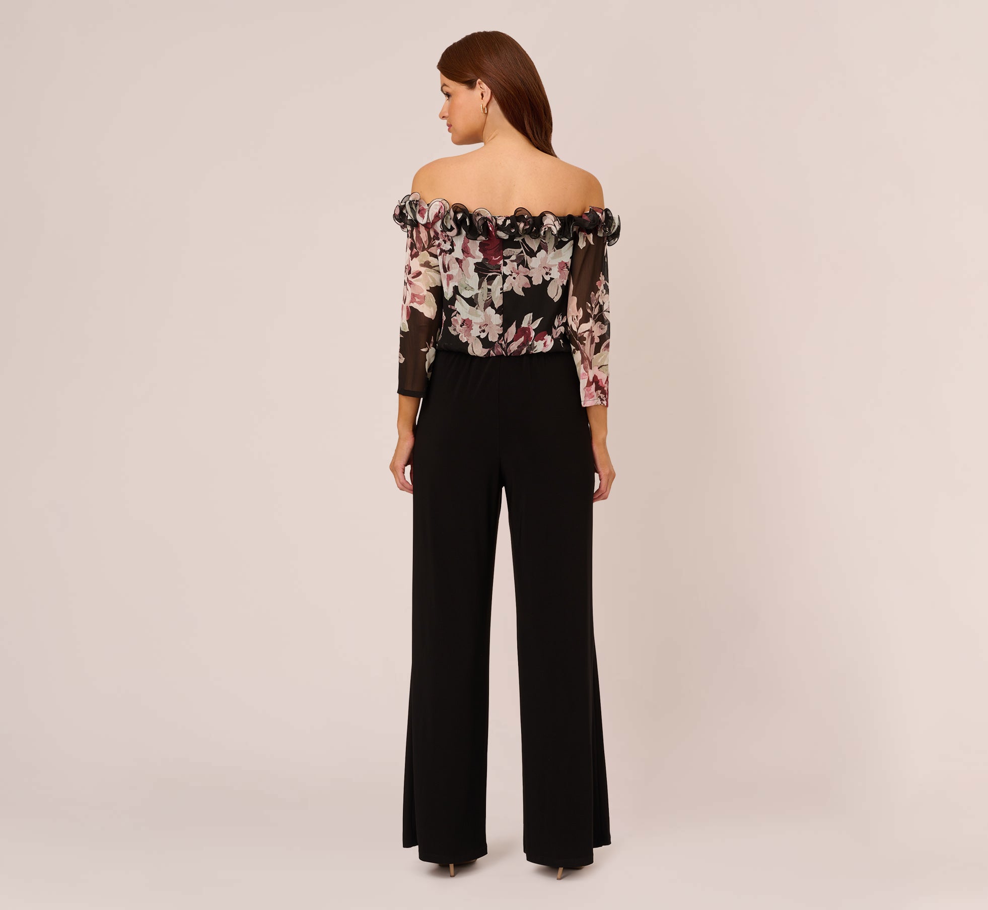 Off The Shoulder Jumpsuit With Floral Embroidered Bodice In Black