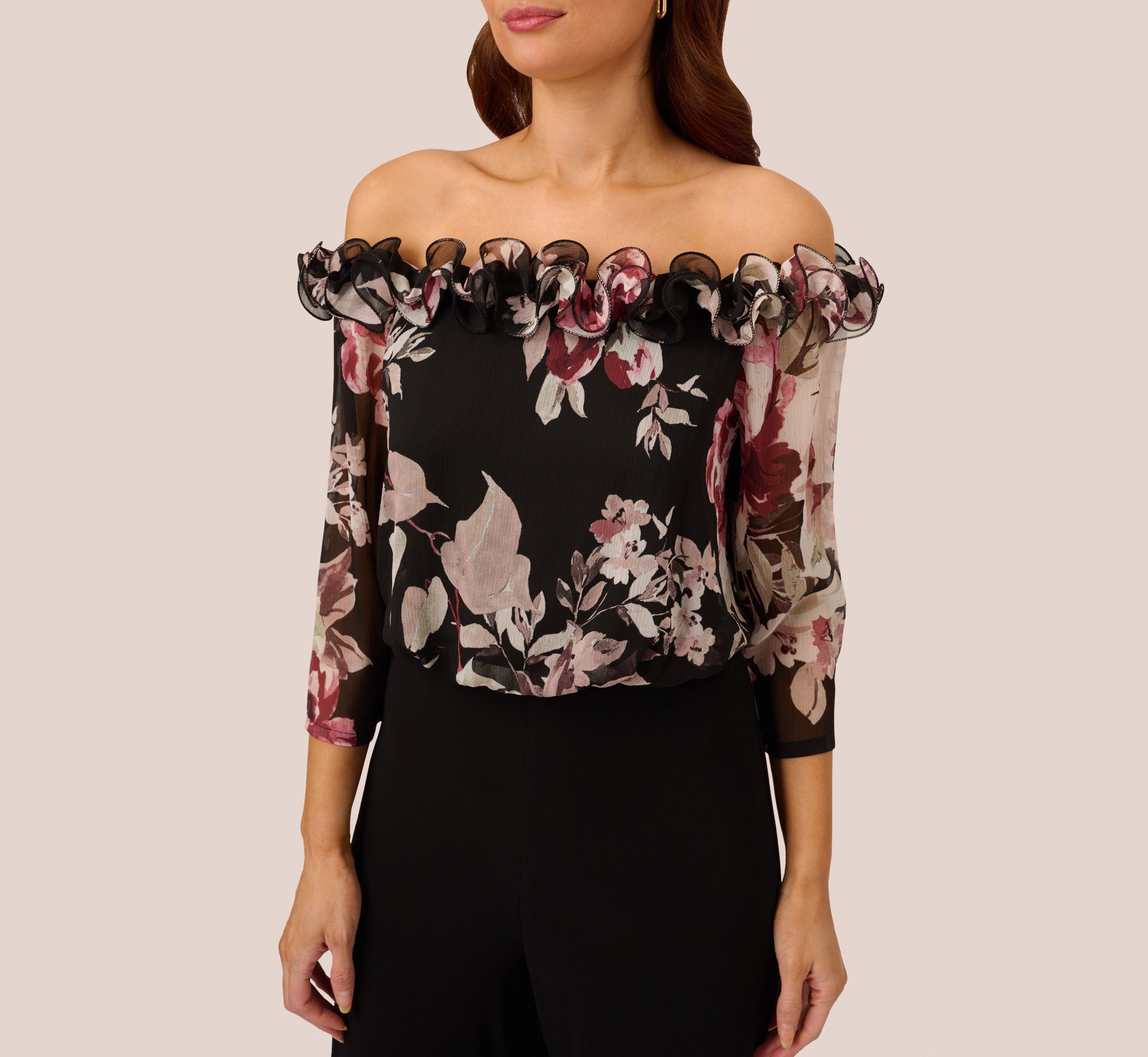 Off The Shoulder Jumpsuit With Floral Embroidered Bodice In Black