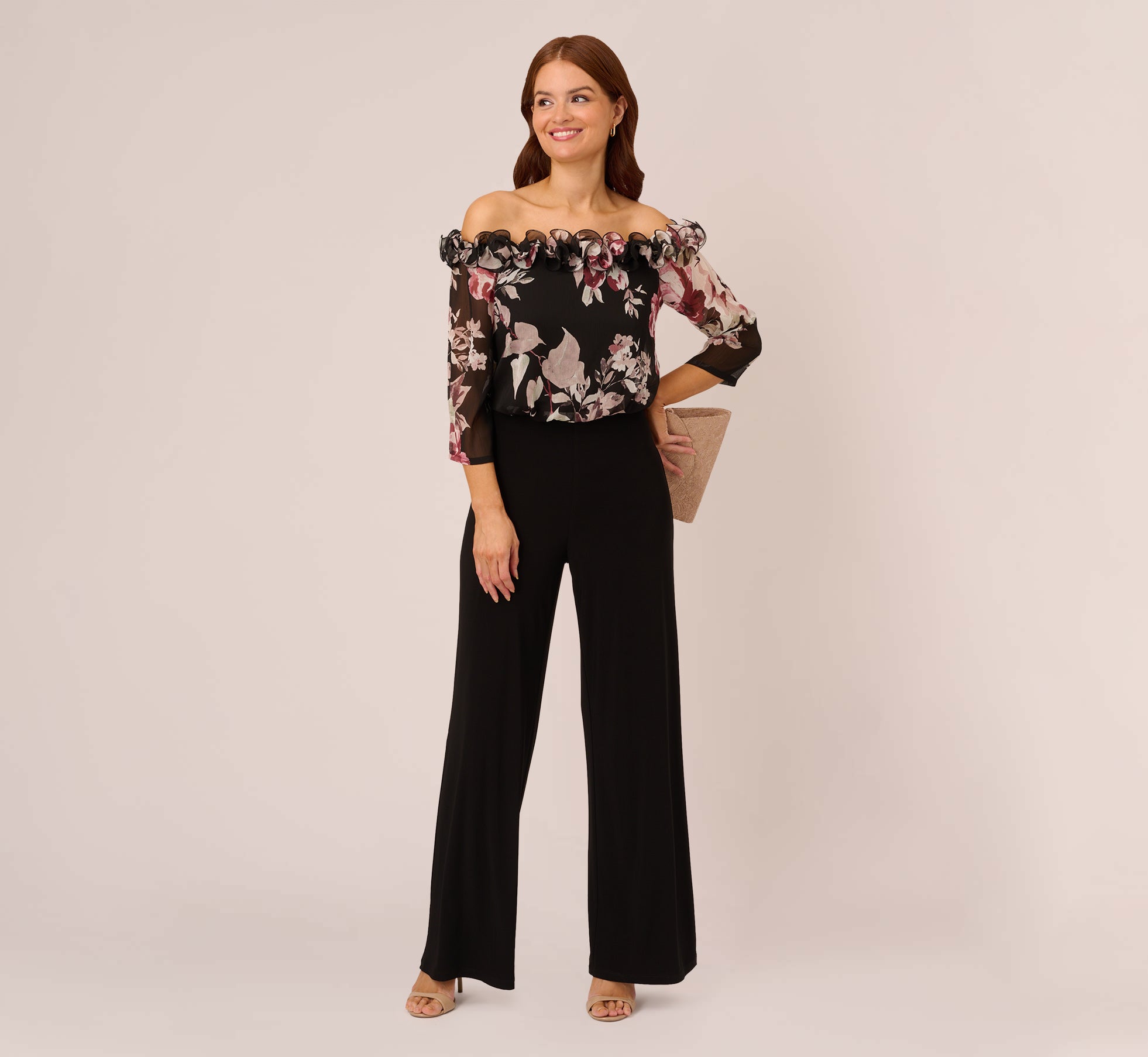 Off The Shoulder Jumpsuit With Floral Embroidered Bodice In Black