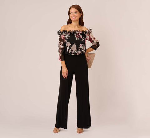 Off The Shoulder Jumpsuit With Floral Embroidered Bodice In Black Multi