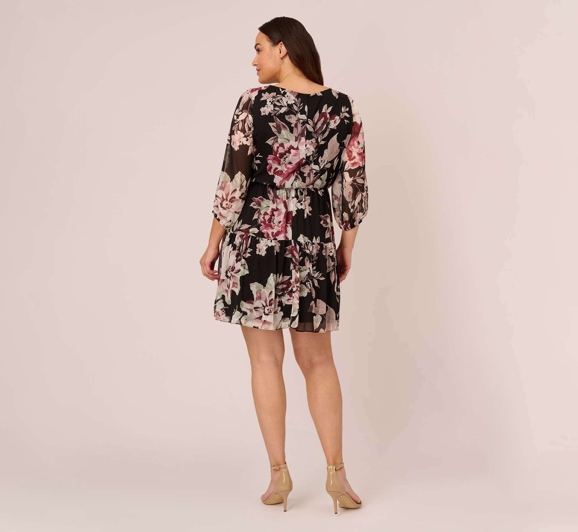 Plus Size Floral Chiffon Dress With Three Quarter Length Sleeves