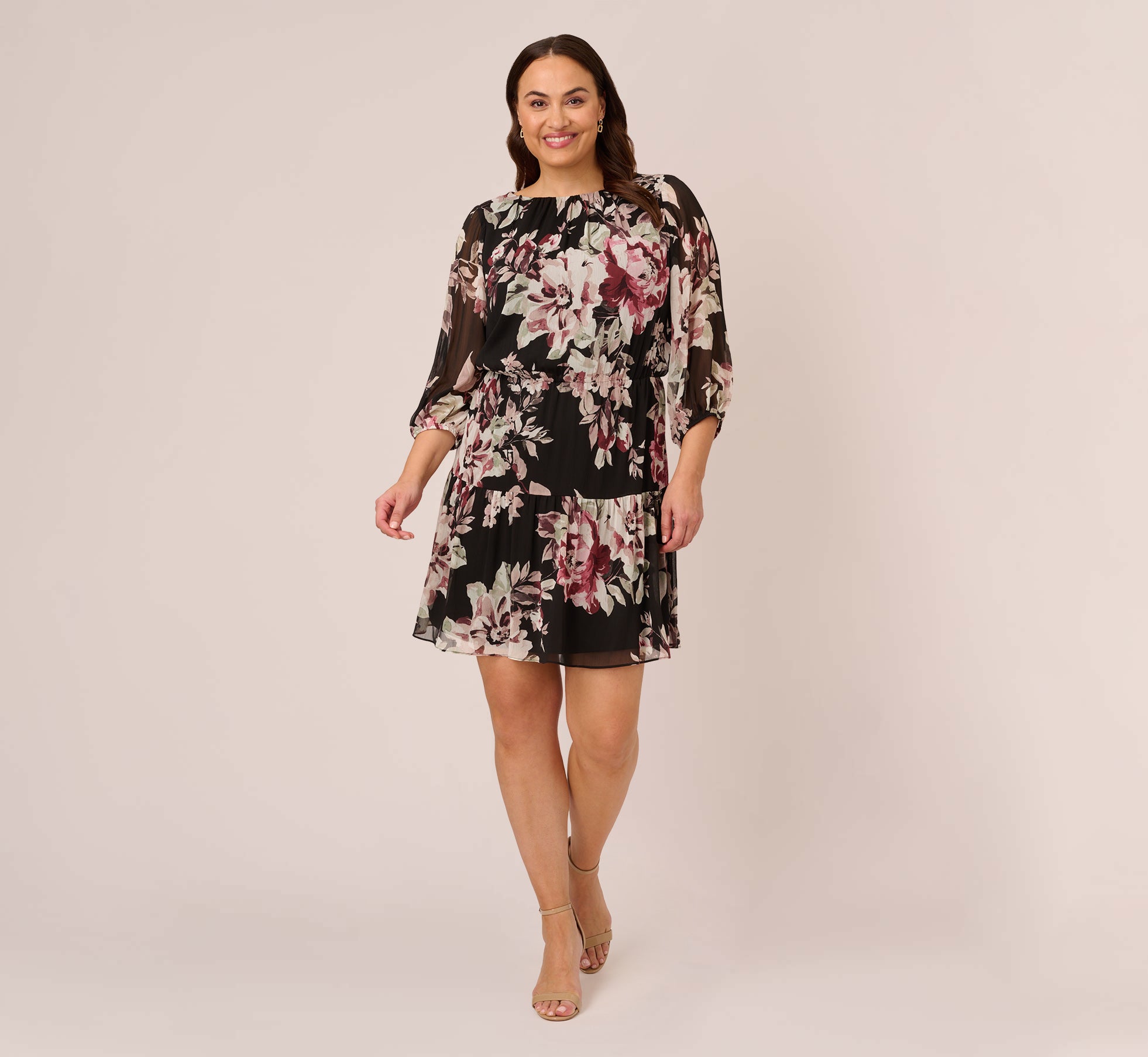 Plus Size Floral Chiffon Dress With Three Quarter Length Sleeves