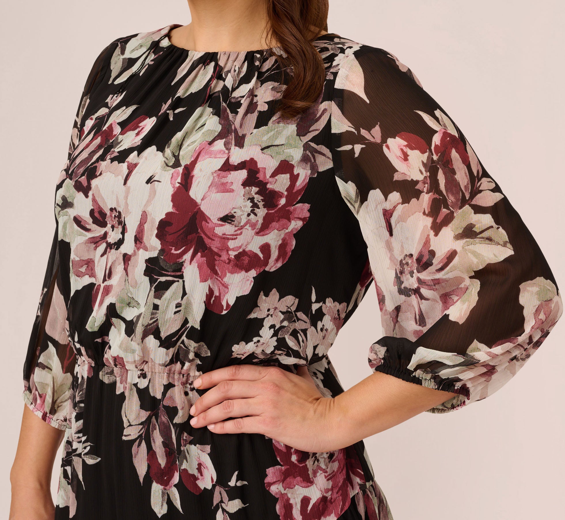 Plus Size Floral Chiffon Dress With Three Quarter Length Sleeves