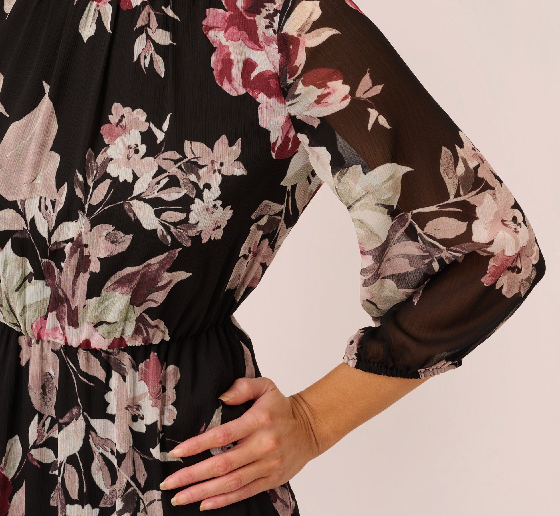 Floral Chiffon Dress With Three Quarter Length Sleeves In Black