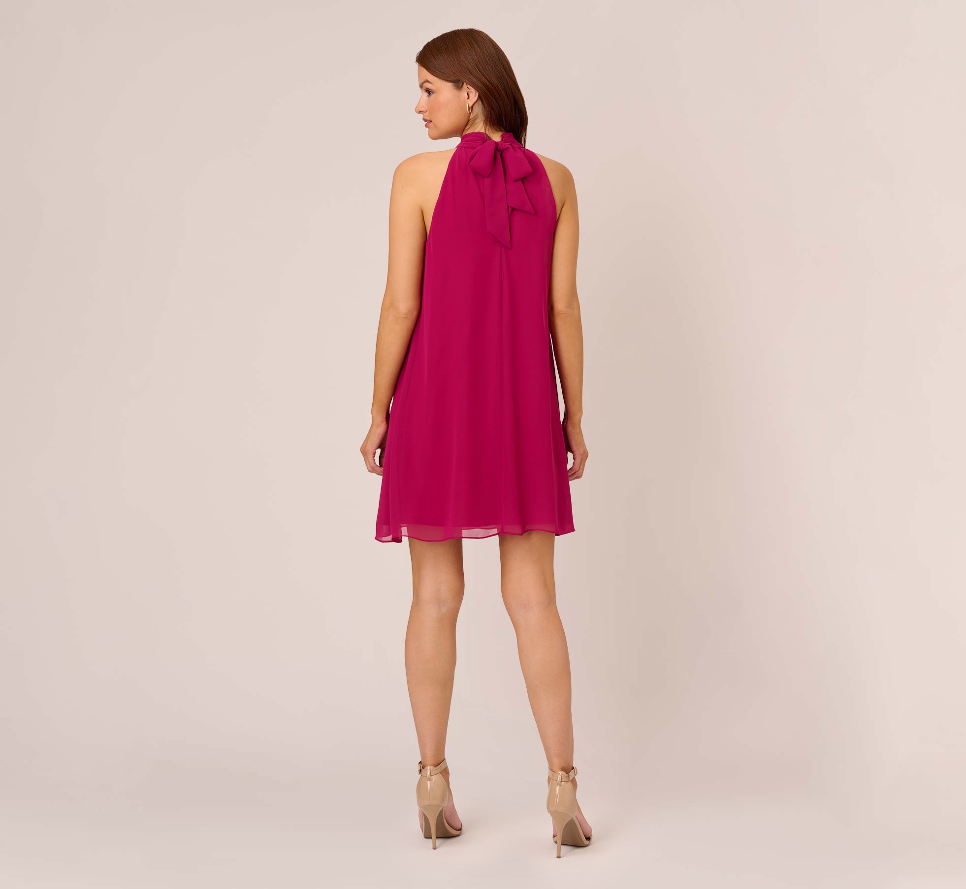 Sleeveless Pleated Chiffon Shift Dress With Mock Neckline In