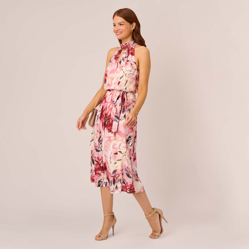 Floral Chiffon Midi Dress With Cutout Halter Neckline In Pink