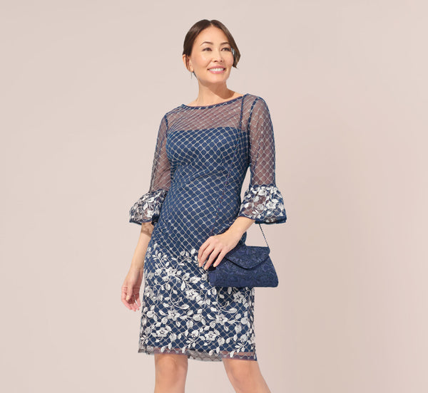 Floral Lattice Embroidered Sheath Dress With Sheer Sleeves In