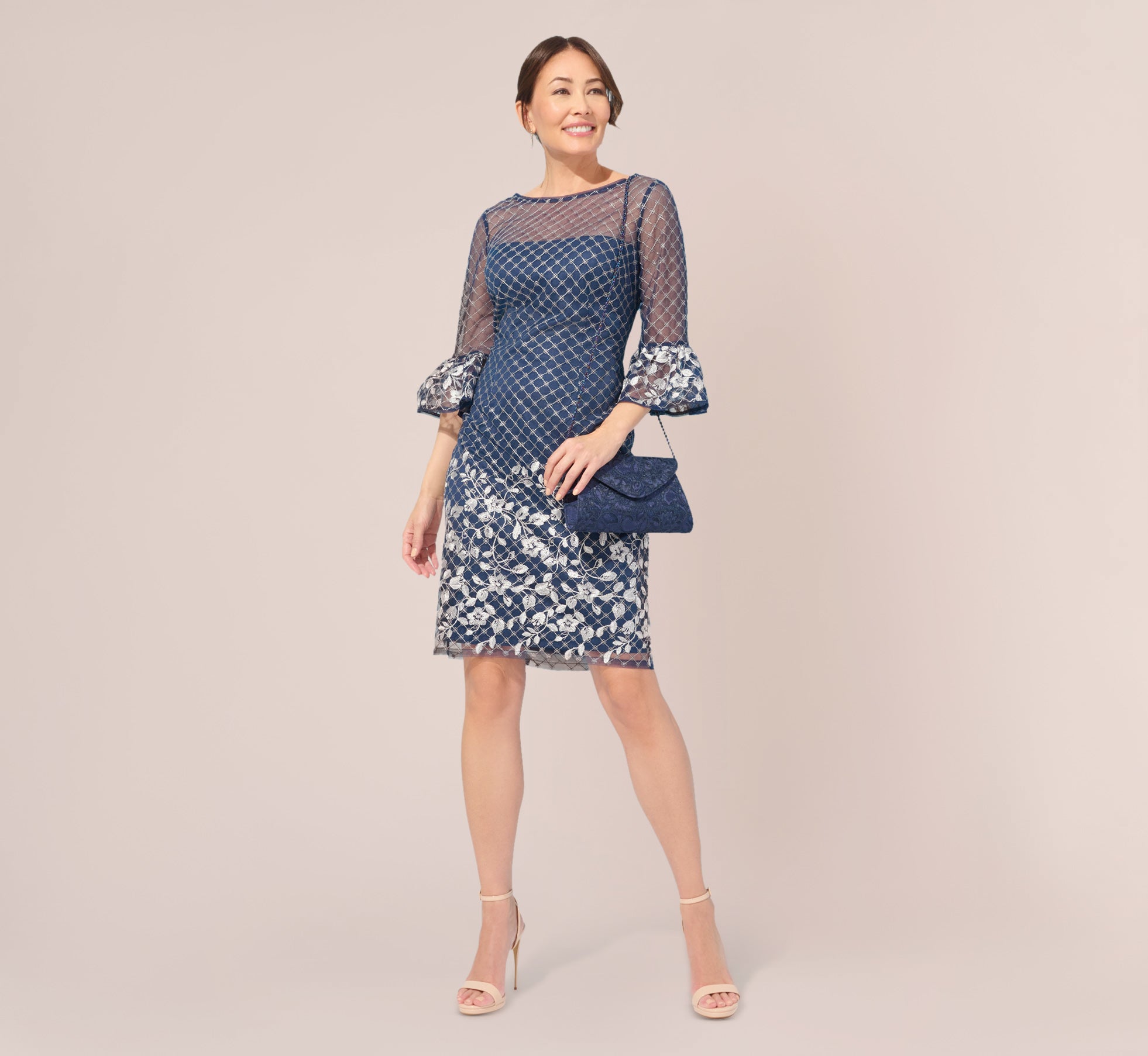 Floral Lattice Embroidered Sheath Dress With Sheer Sleeves In