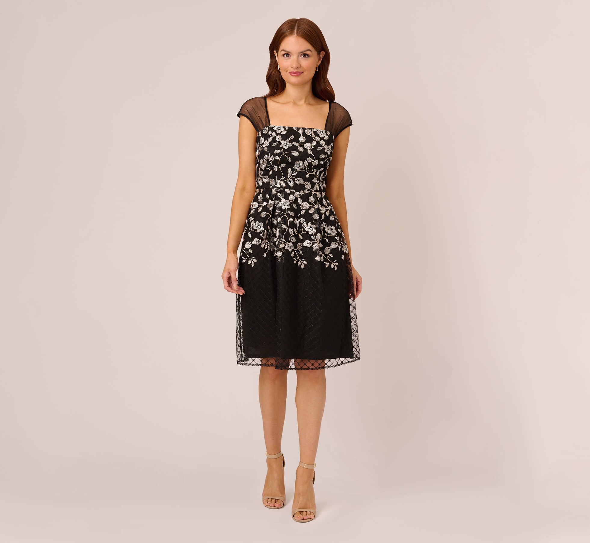 Floral Embroidered Midi Dress With Sheer Cap Sleeves In Black Ivory 1