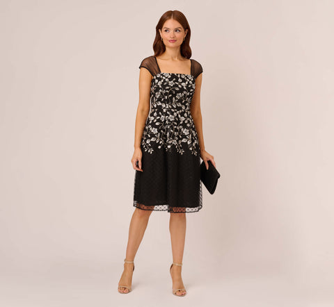 Floral Embroidered Midi Dress With Sheer Cap Sleeves In Black Ivory