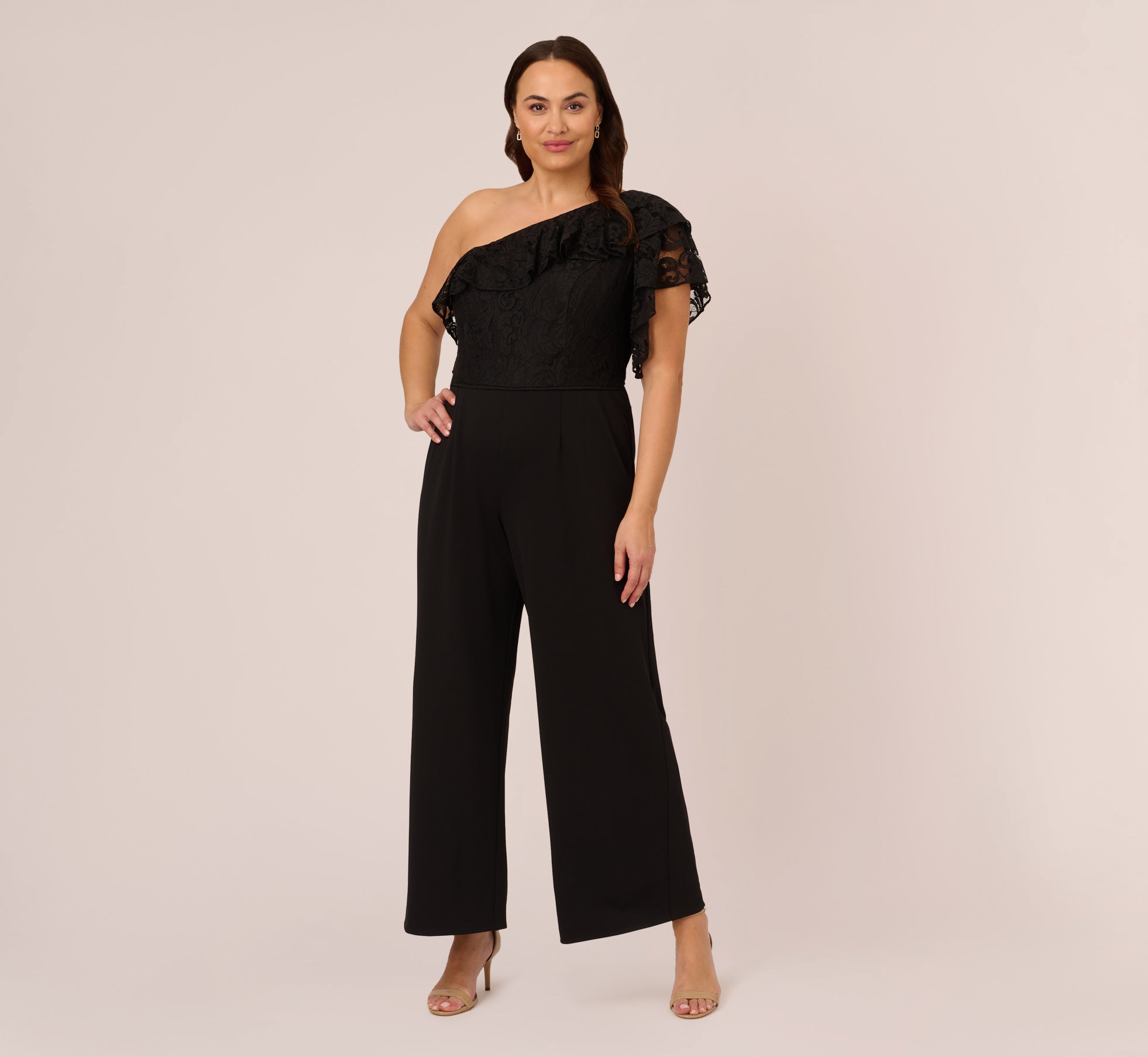 Plus Size One Shoulder Crepe Jumpsuit With Lace Ruffle Details In