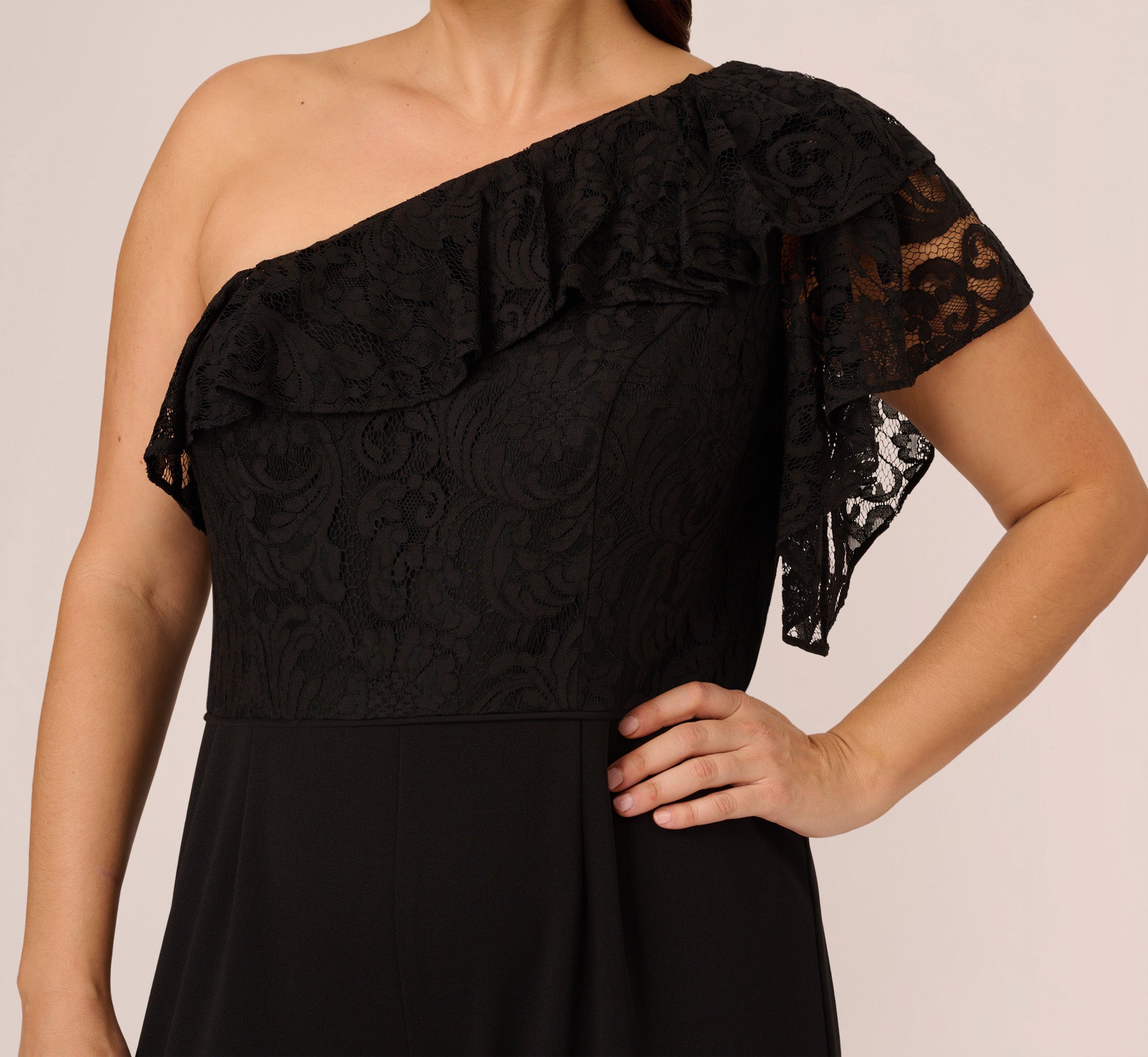 Plus Size One Shoulder Crepe Jumpsuit With Lace Ruffle Details In