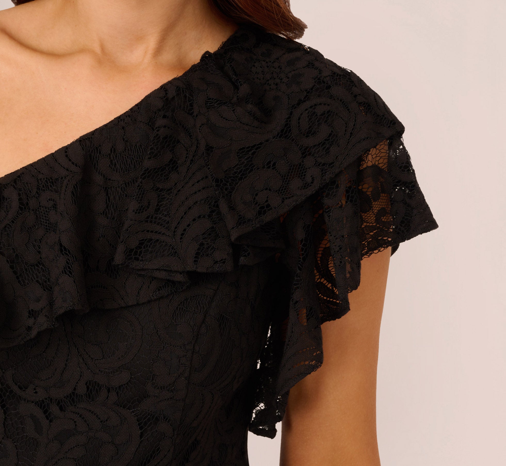 One Shoulder Crepe Jumpsuit With Lace Ruffle Details In Black