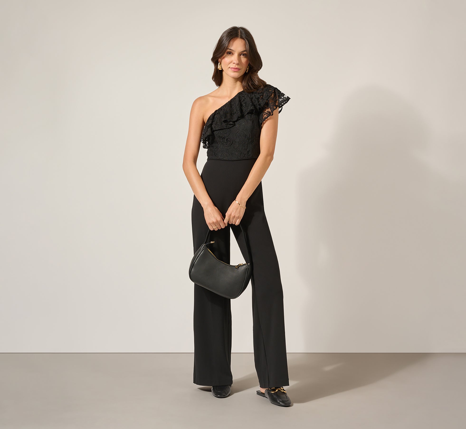 One Shoulder Crepe Jumpsuit With Lace Ruffle Details In Black 1