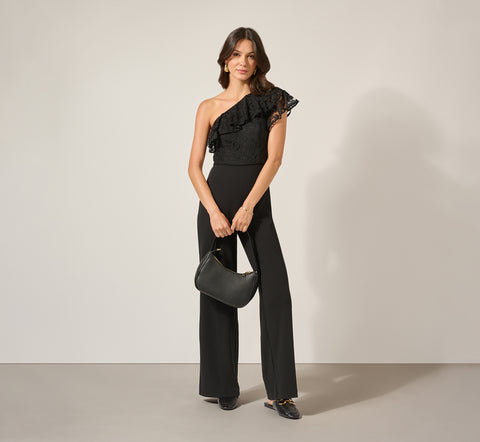 One Shoulder Crepe Jumpsuit With Lace Ruffle Details In Black Adrianna Papell