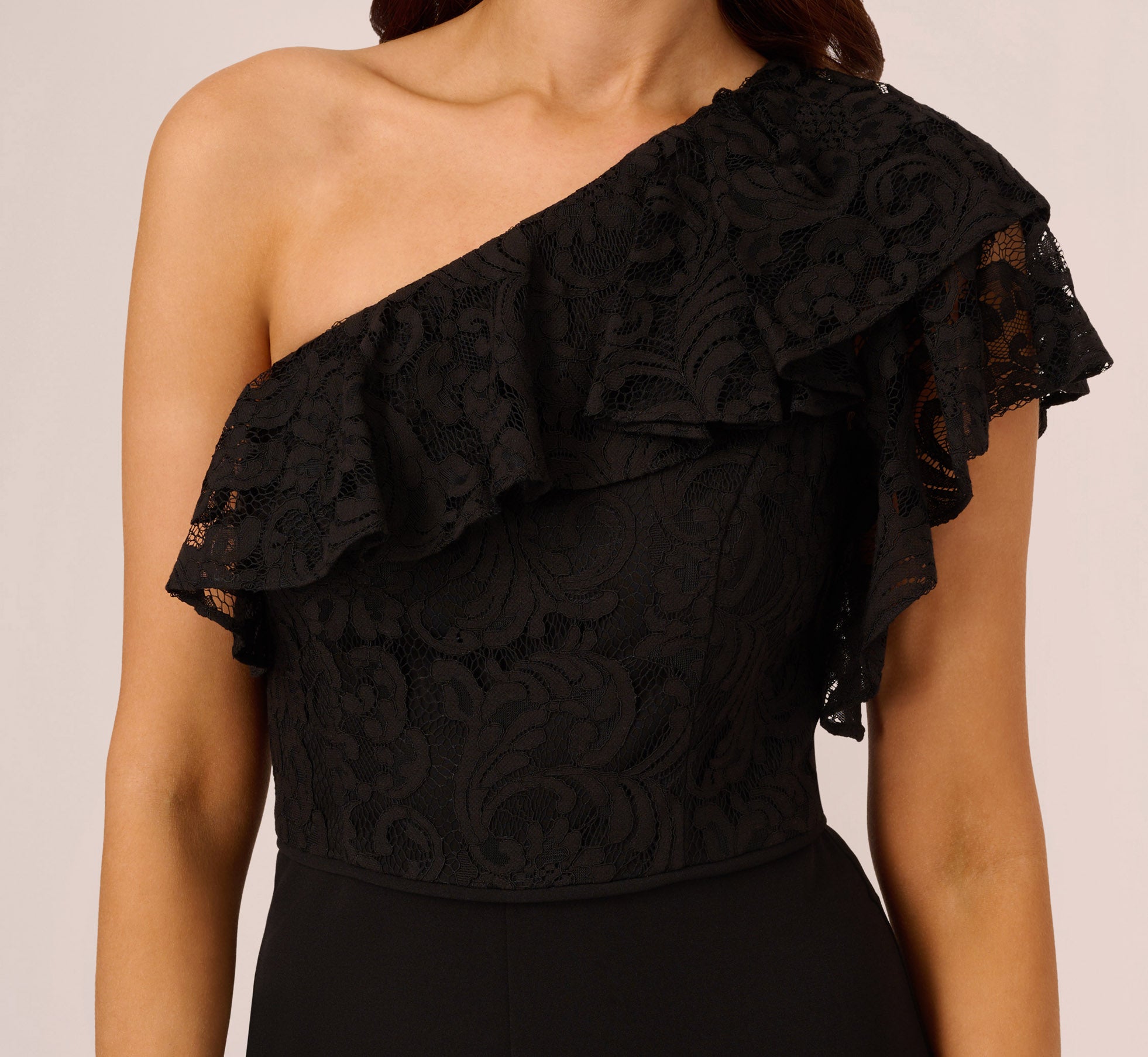 One Shoulder Crepe Jumpsuit With Lace Ruffle Details In Black