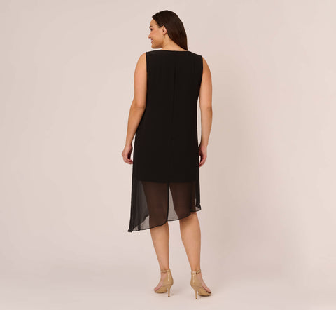 Plus Size Sleeveless Chiffon Dress With Cascading Details In Black