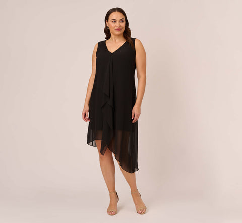 Plus Size Sleeveless Chiffon Dress With Cascading Details In Black