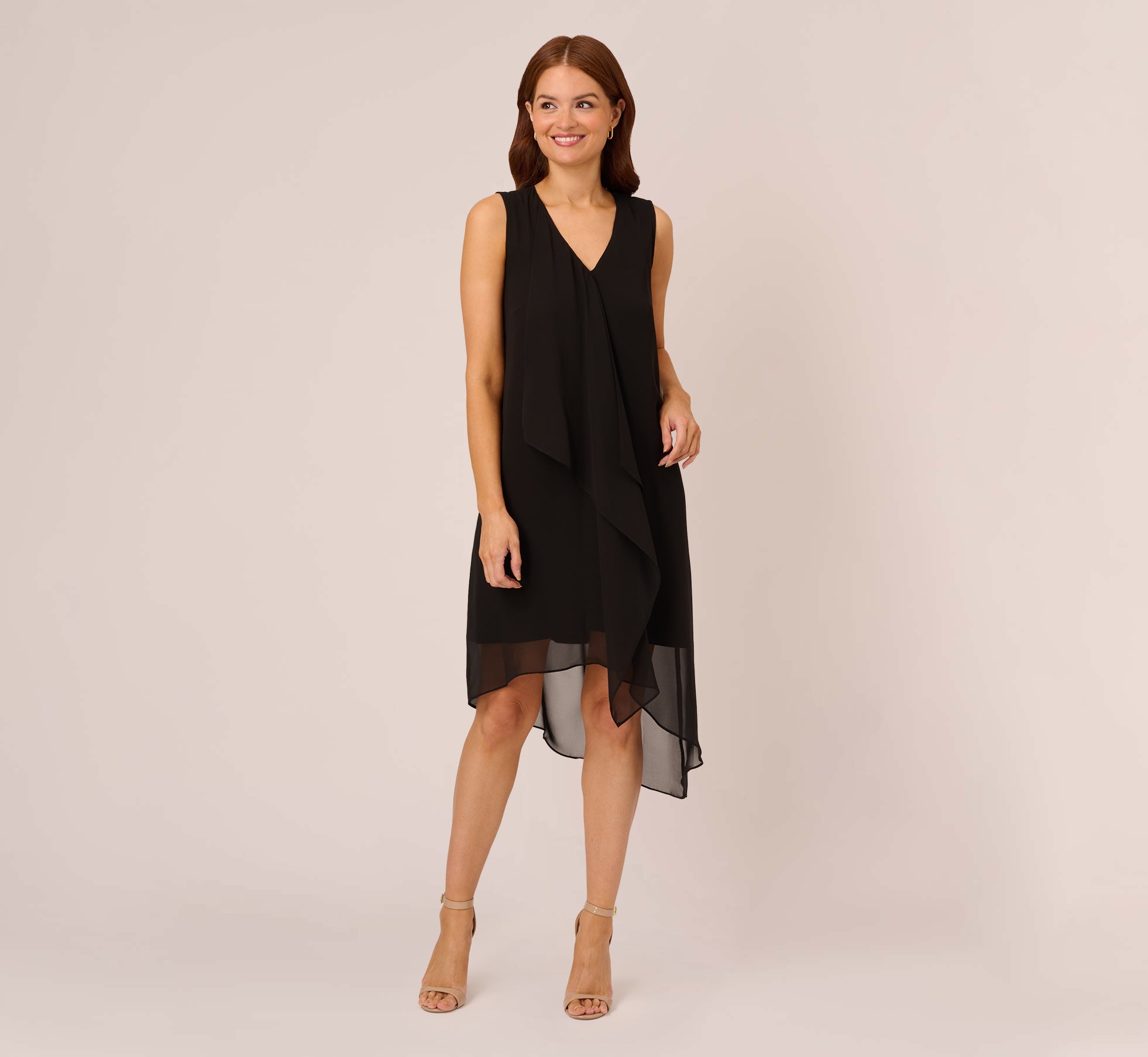 Sleeveless Chiffon Dress With Cascading Details In Black