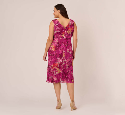 Plus Size Metallic Floral Chiffon Midi Dress With Ruffled Neckline In Raspberry Multi