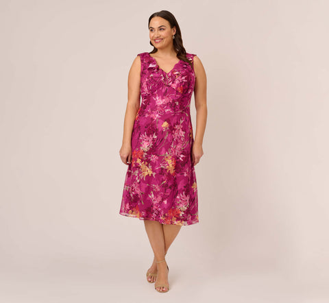 Plus Size Metallic Floral Chiffon Midi Dress With Ruffled Neckline In Raspberry Multi