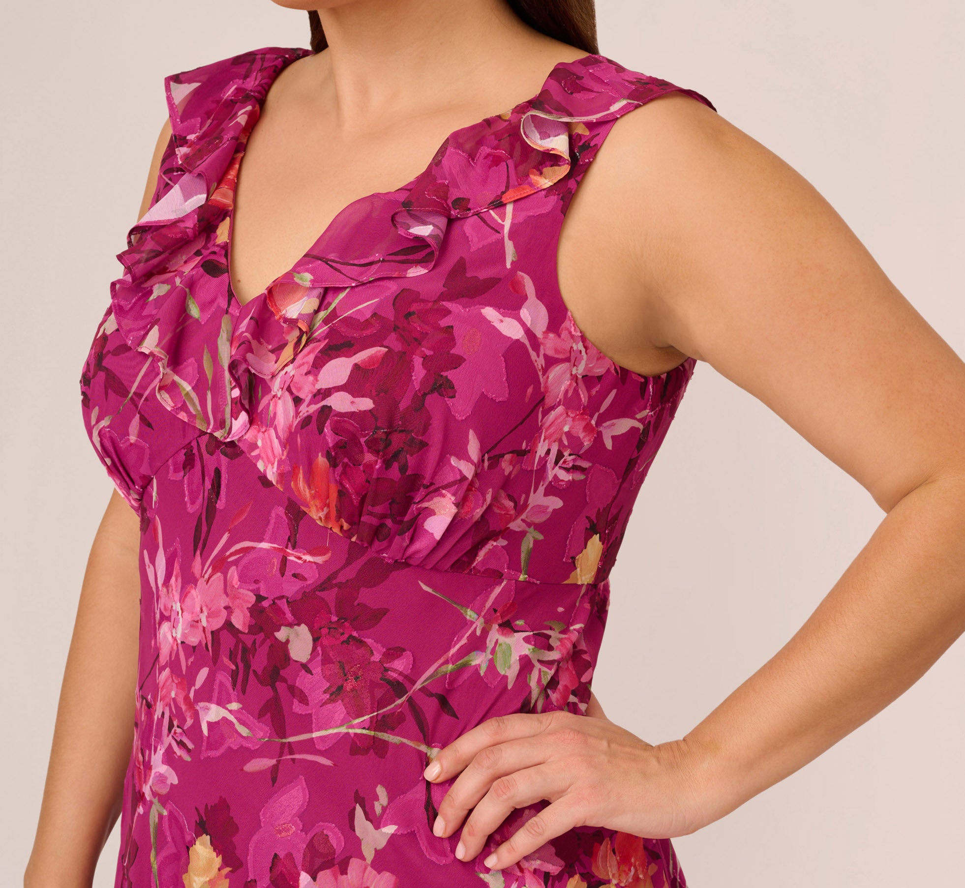 Plus Size Metallic Floral Chiffon Midi Dress With Ruffled Neckline