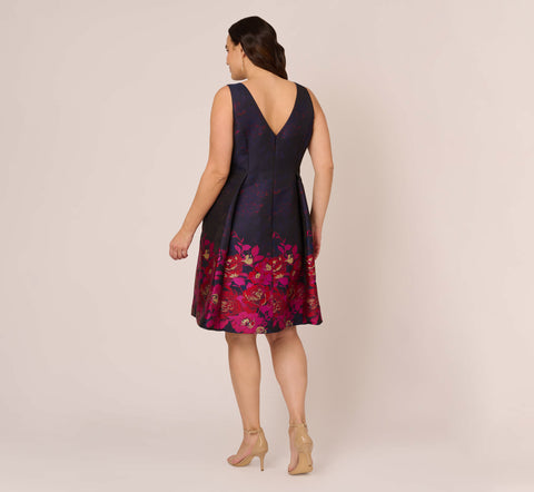Plus Size Jacquard Midi Dress With Metallic Floral Trim In Navy Pink Multi