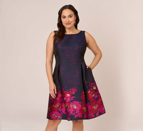 Plus Size Jacquard Midi Dress With Metallic Floral Trim In Navy Pink Multi