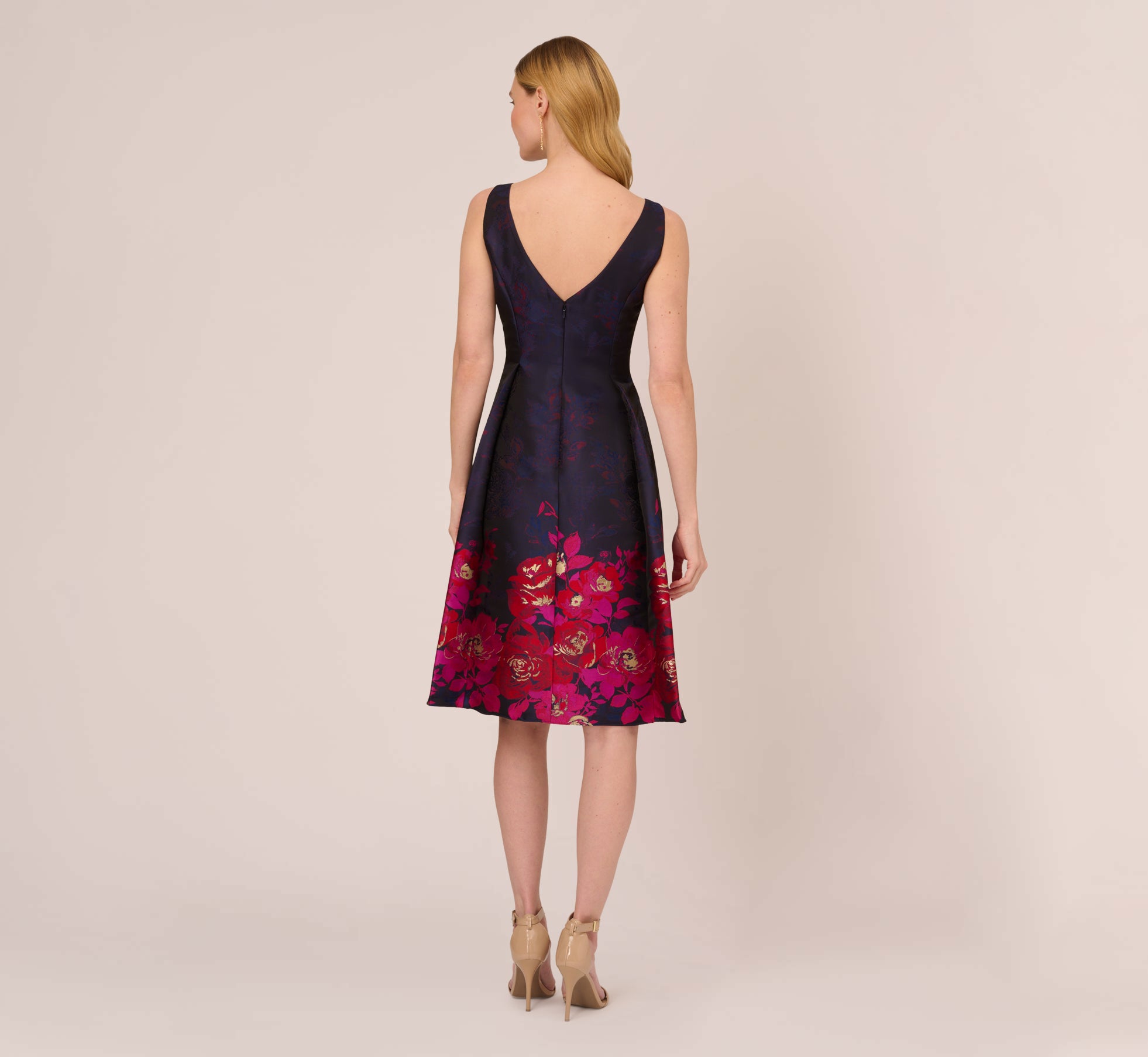 Jacquard Midi Dress With Metallic Floral Trim In Navy Pink Multi